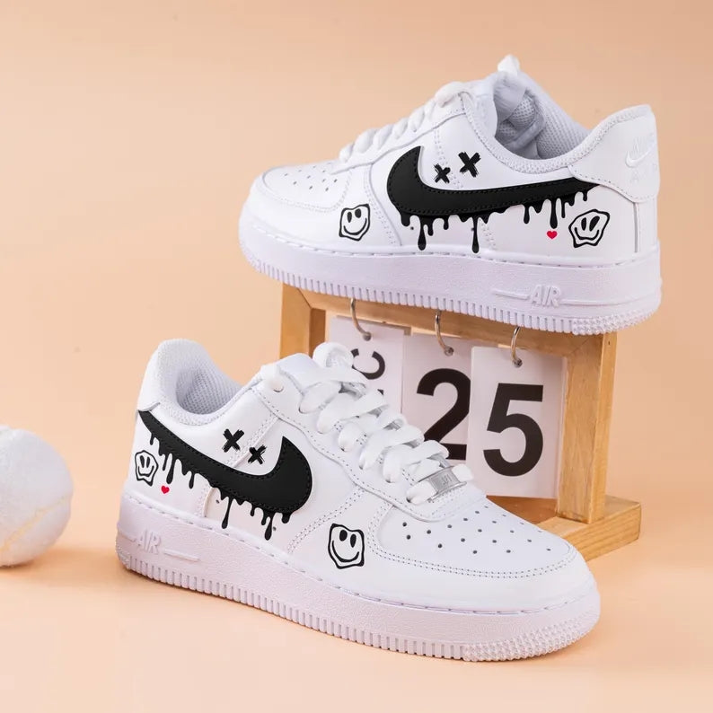 Custom Air Force 1 White With Smiley Face And Dripping Swoosh-shecustomize