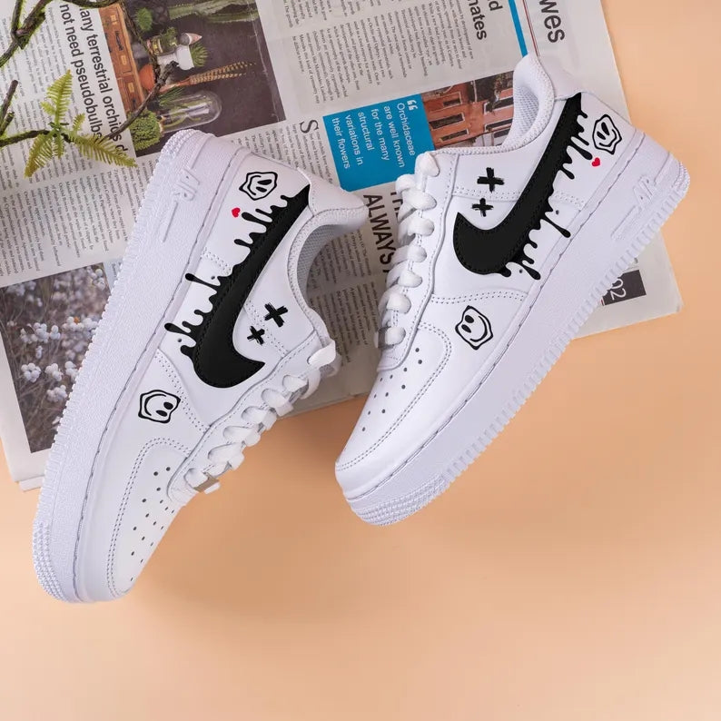 Custom Air Force 1 White With Smiley Face And Dripping Swoosh-shecustomize