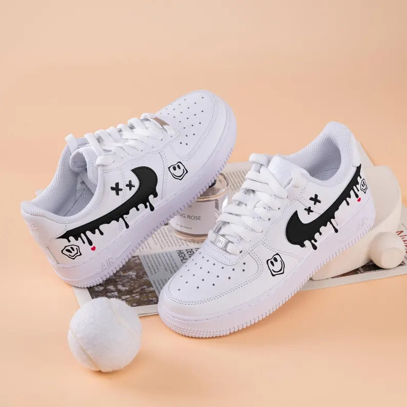 Custom Air Force 1 White With Smiley Face And Dripping Swoosh-shecustomize