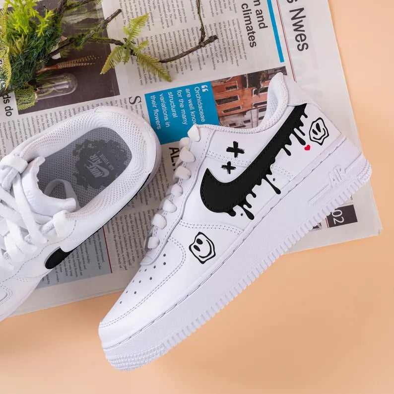 Custom Air Force 1 White With Smiley Face And Dripping Swoosh-shecustomize