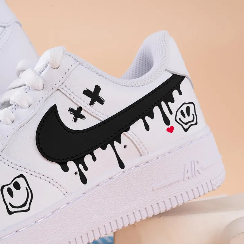 Custom Air Force 1 White With Smiley Face And Dripping Swoosh-shecustomize