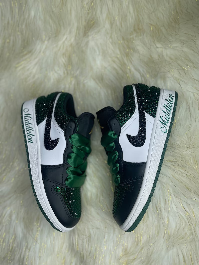 Custom Air Jordan 1 Black Green Rhinestones With Satin Laces