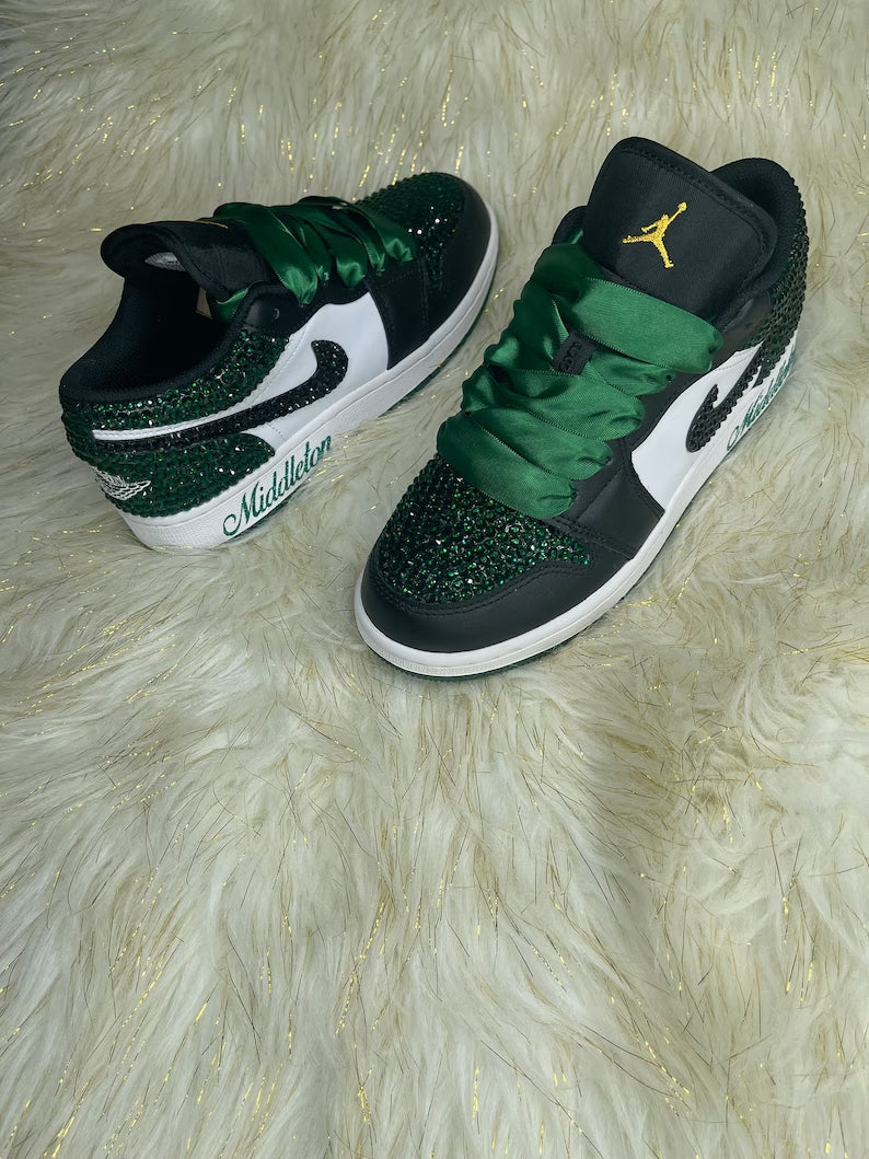Custom Air Jordan 1 Black Green Rhinestones With Satin Laces