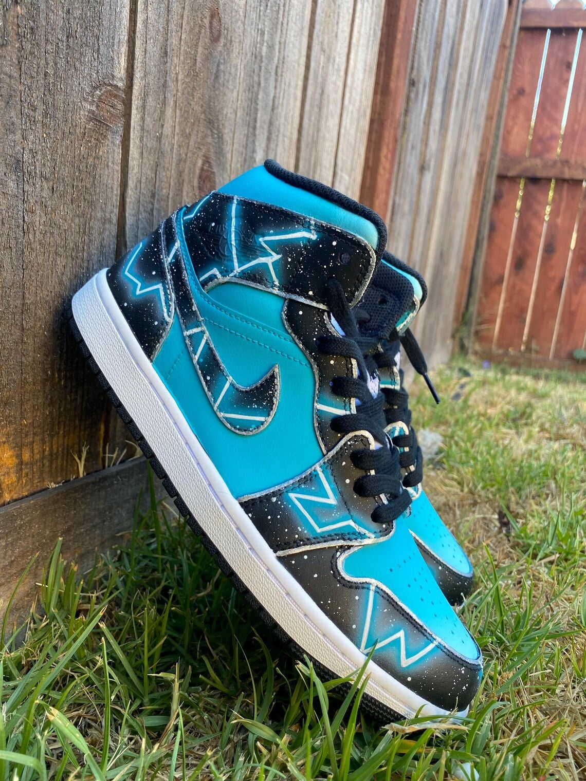 Custom Air Jordan 1 Black Teal Star Pattern