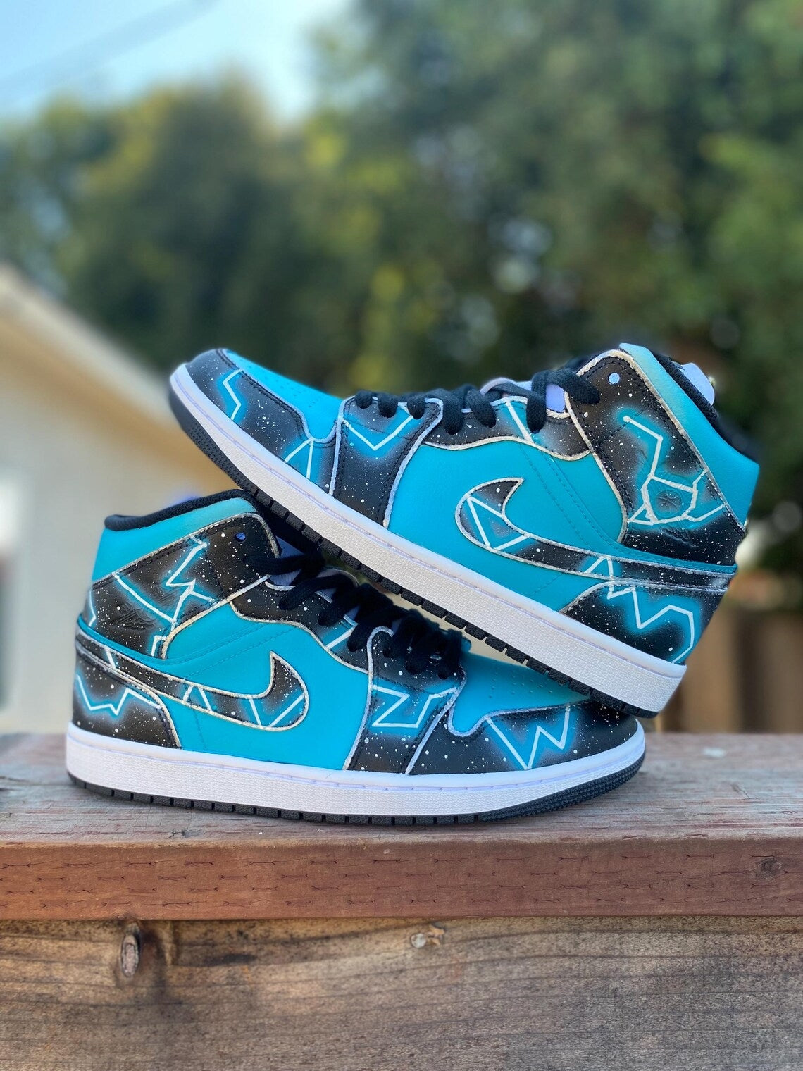 Custom Air Jordan 1 Black Teal Star Pattern