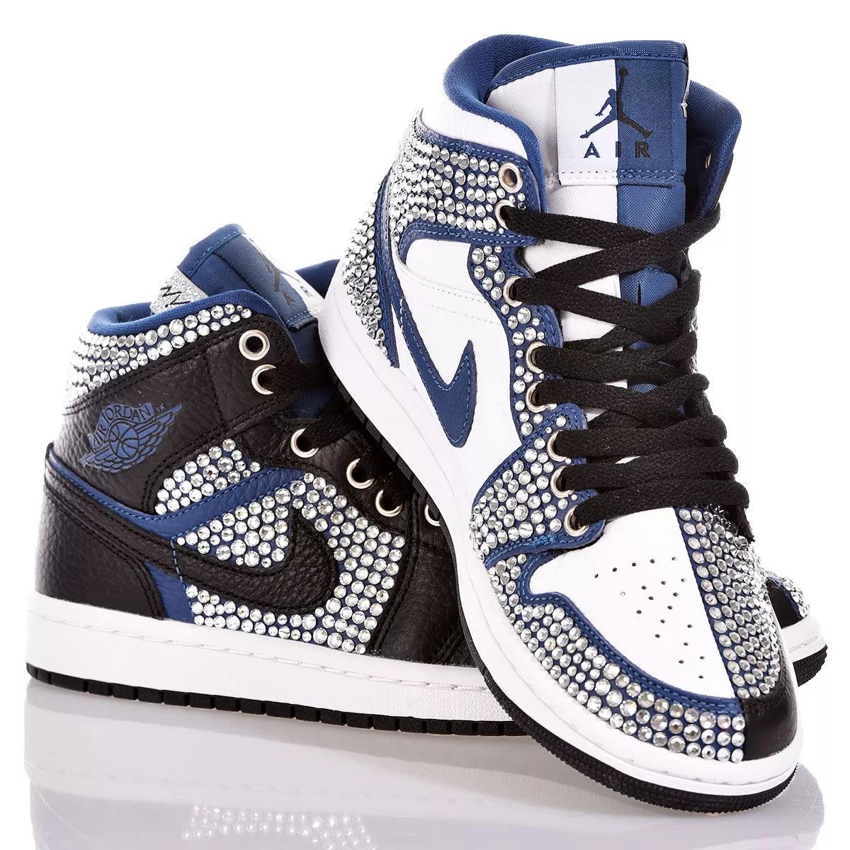 Custom Air Jordan 1 Black White Blue Rhinestones