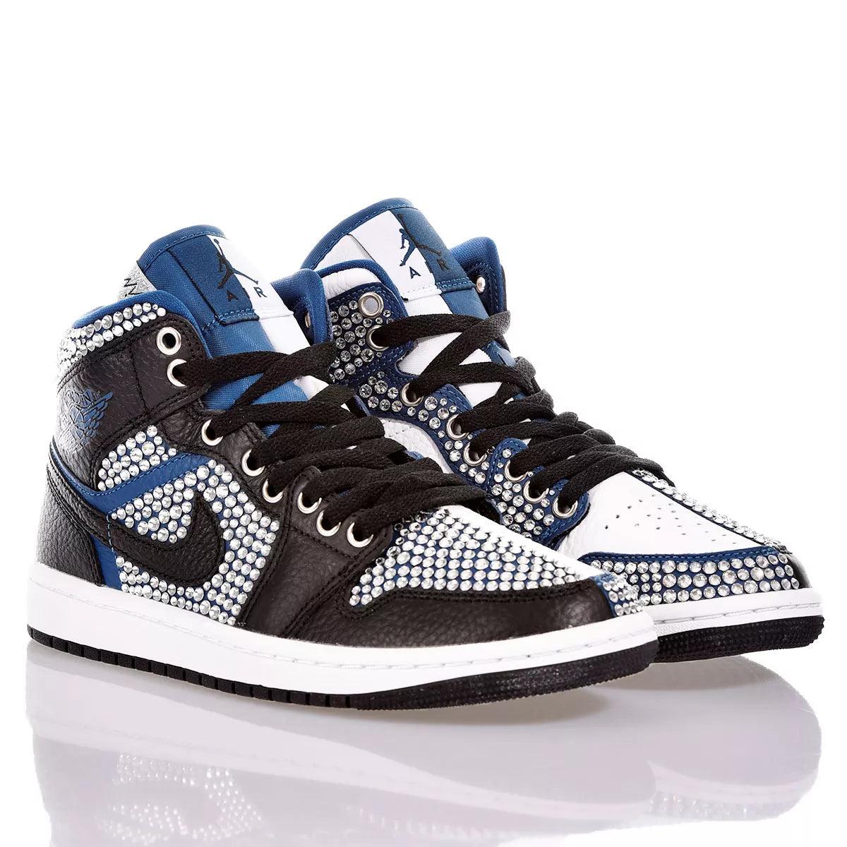 Custom Air Jordan 1 Black White Blue Rhinestones