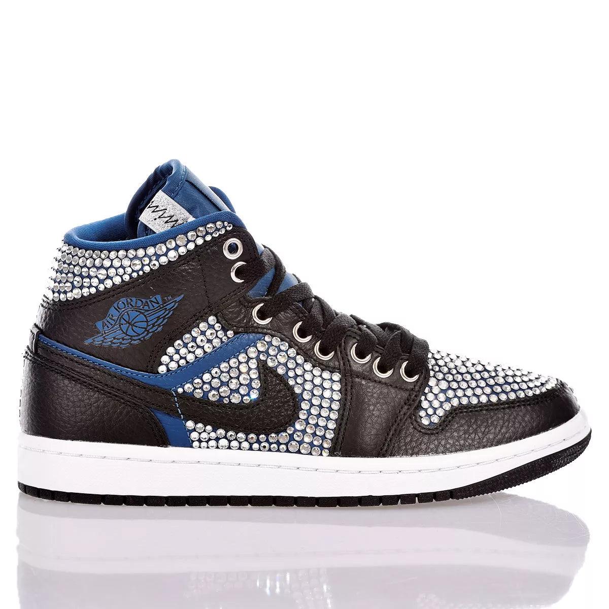 Custom Air Jordan 1 Black White Blue Rhinestones