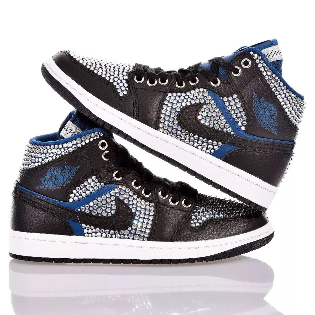 Custom Air Jordan 1 Black White Blue Rhinestones