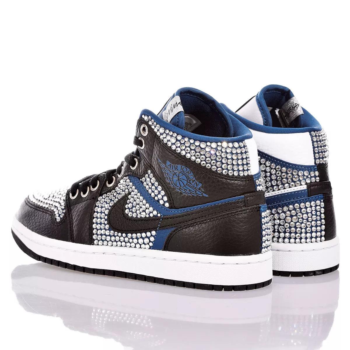 Custom Air Jordan 1 Black White Blue Rhinestones