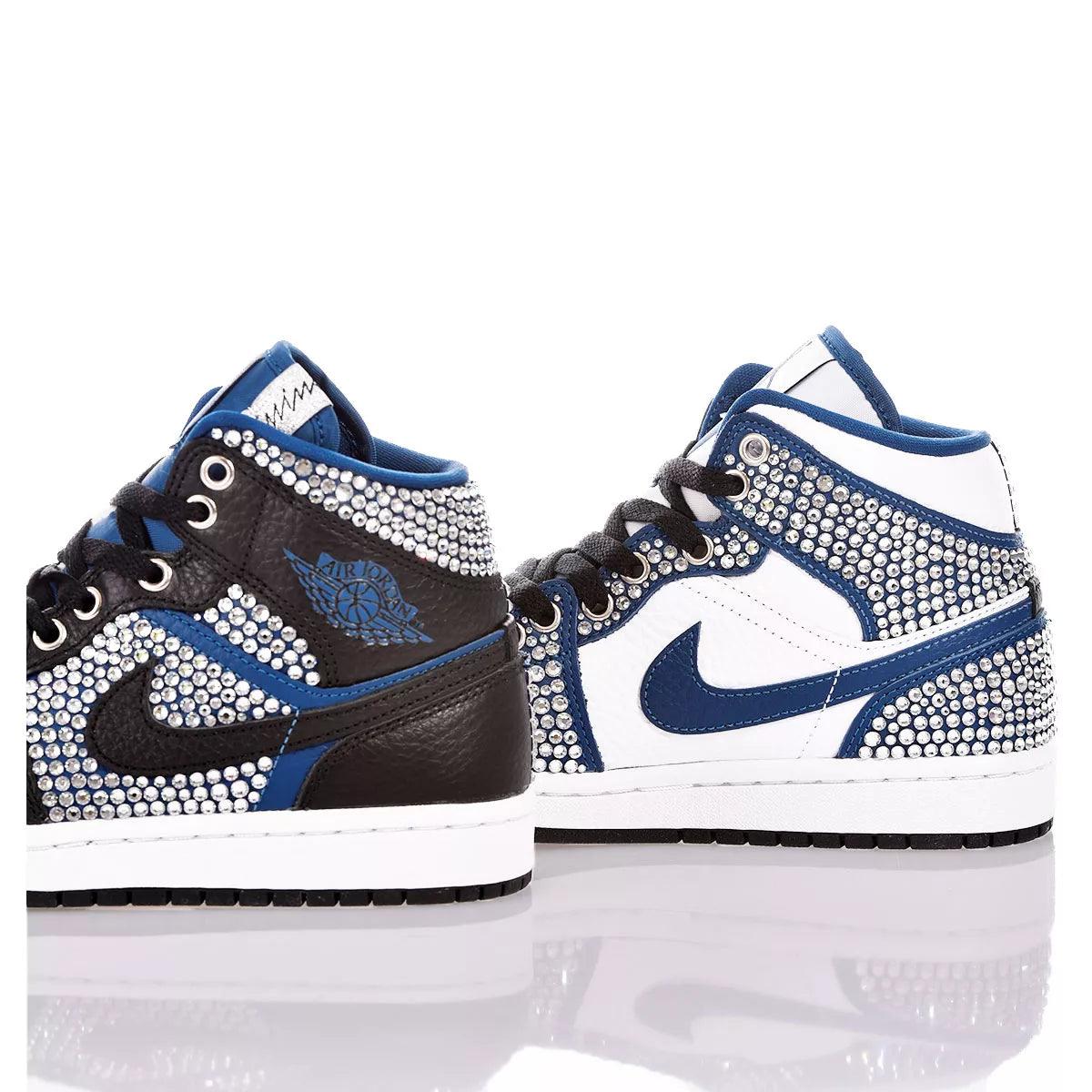Custom Air Jordan 1 Black White Blue Rhinestones