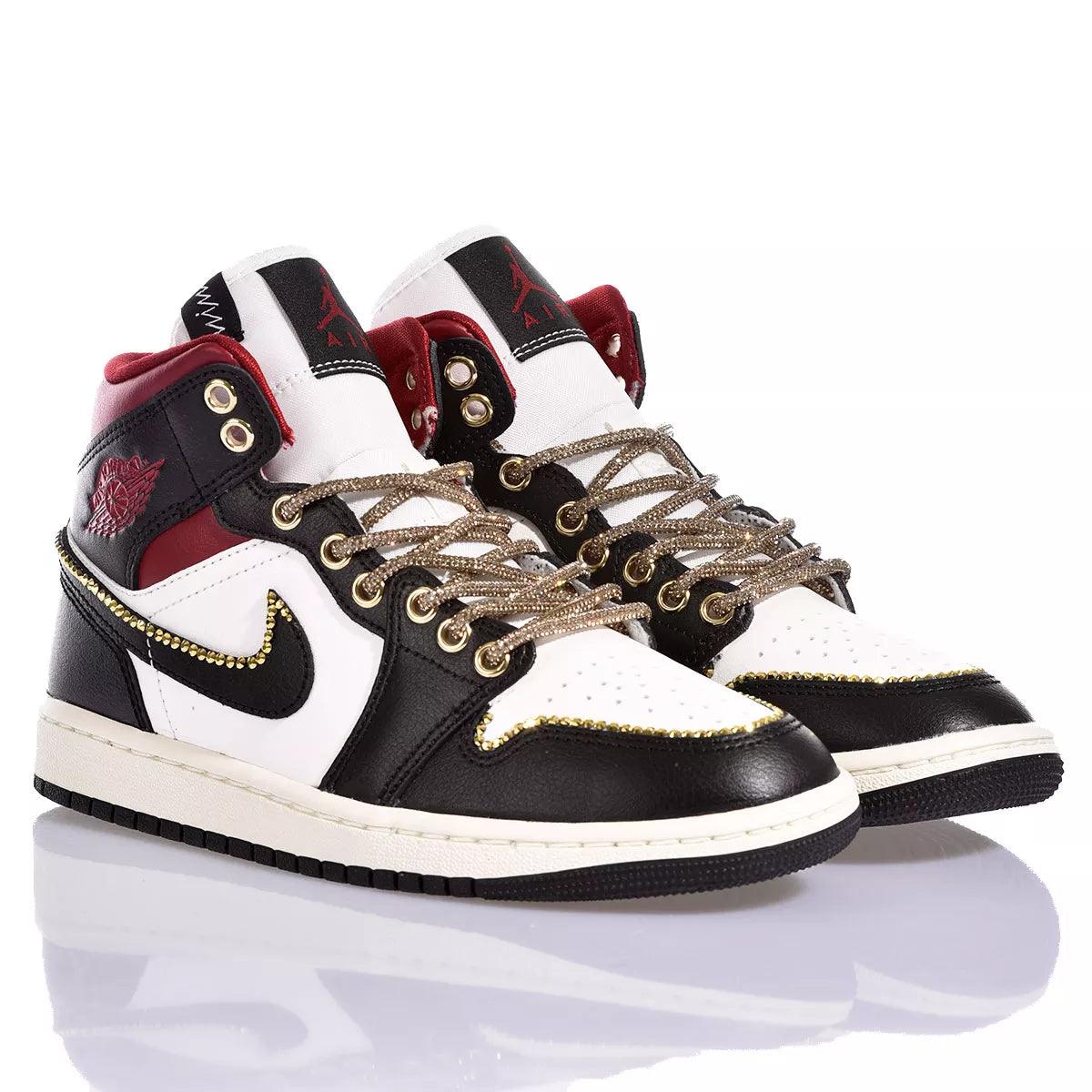 Custom Air Jordan 1 Black White Red With Gold Rhinestones
