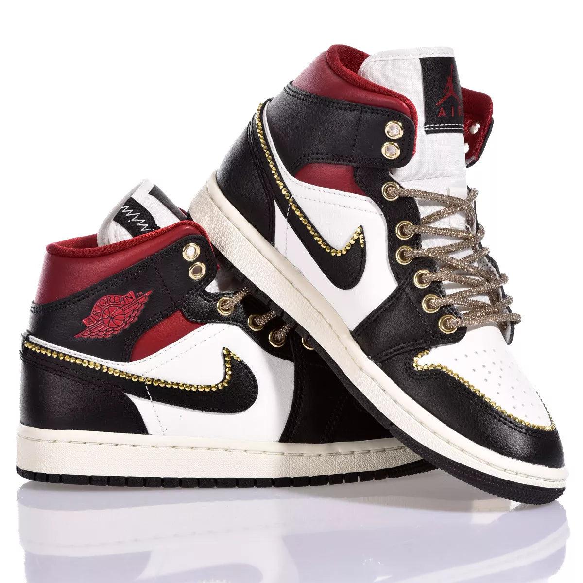 Custom Air Jordan 1 Black White Red With Gold Rhinestones
