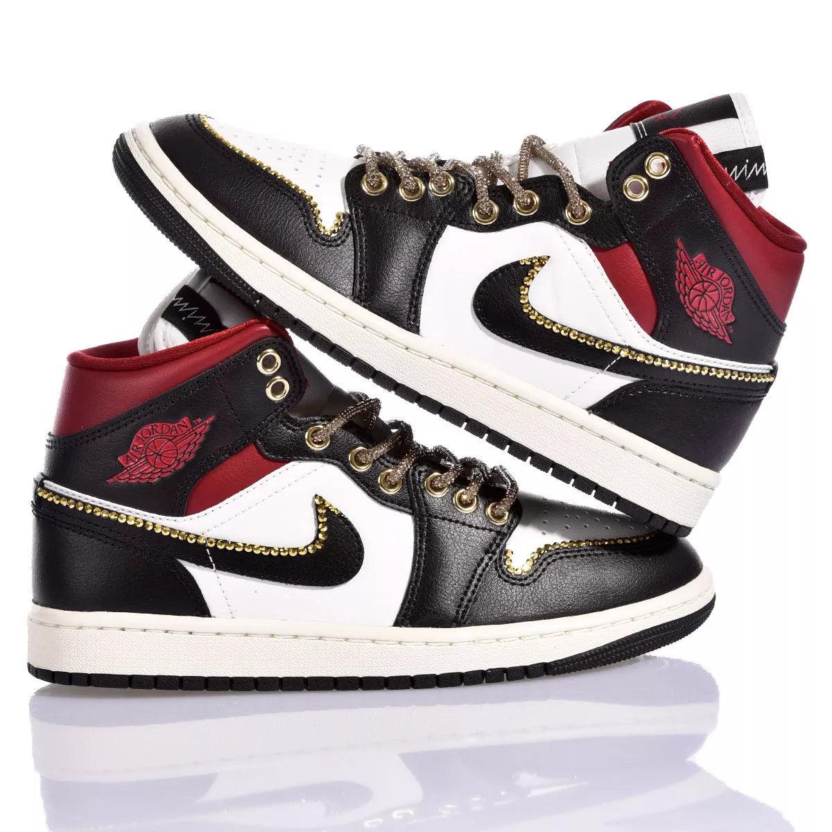 Custom Air Jordan 1 Black White Red With Gold Rhinestones