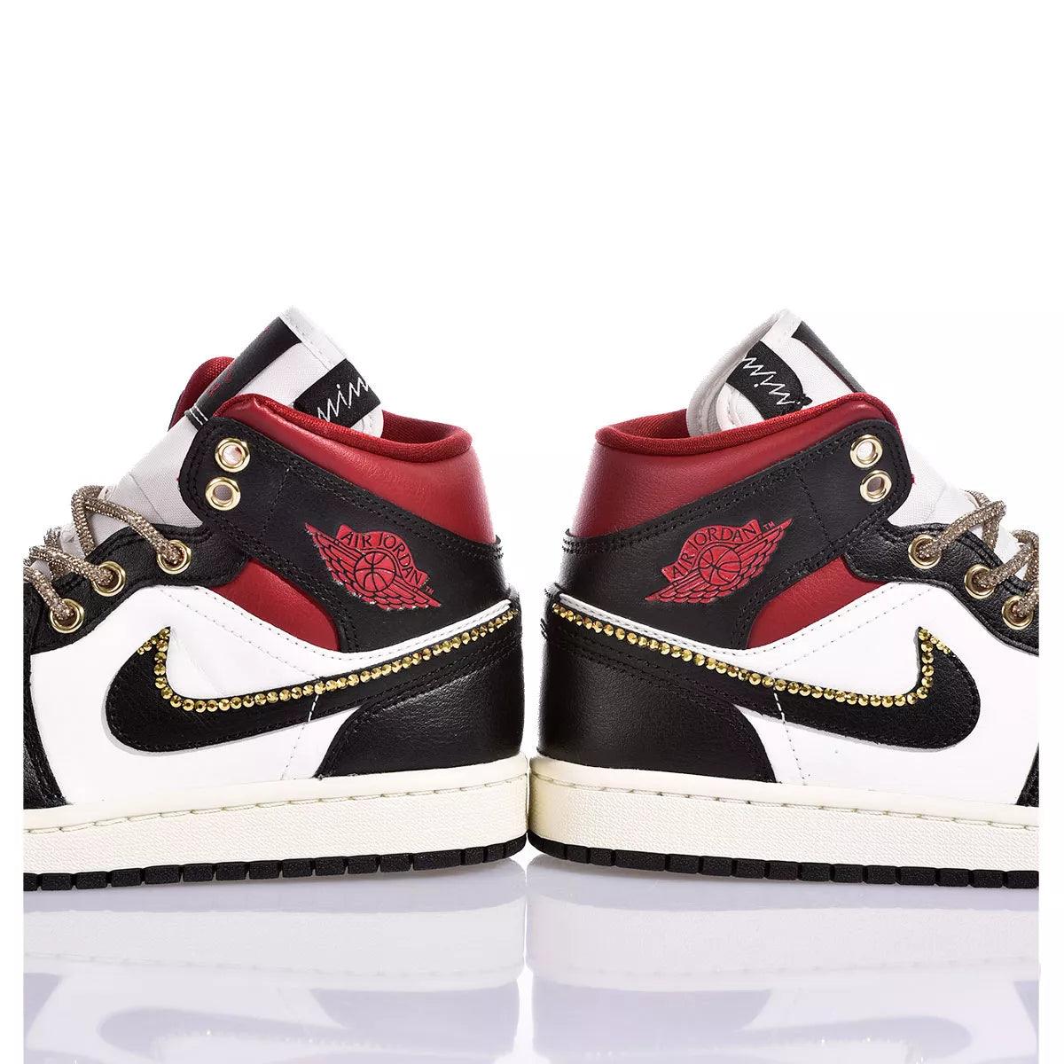 Custom Air Jordan 1 Black White Red With Gold Rhinestones
