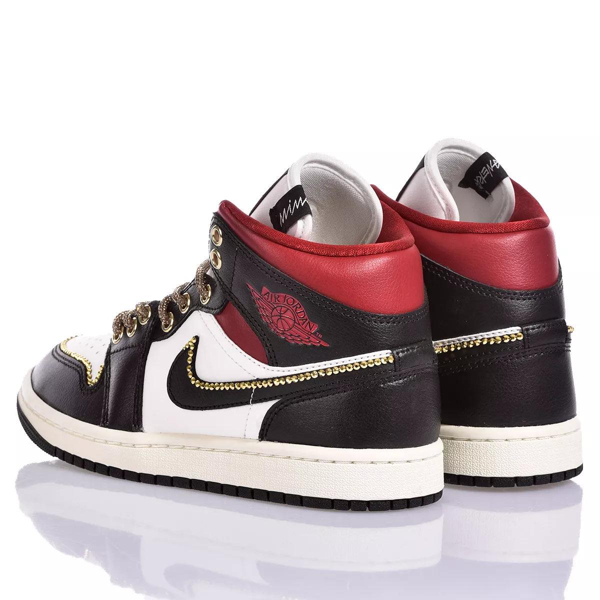 Custom Air Jordan 1 Black White Red With Gold Rhinestones