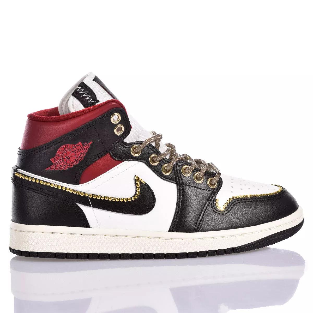 Custom Air Jordan 1 Black White Red With Gold Rhinestones