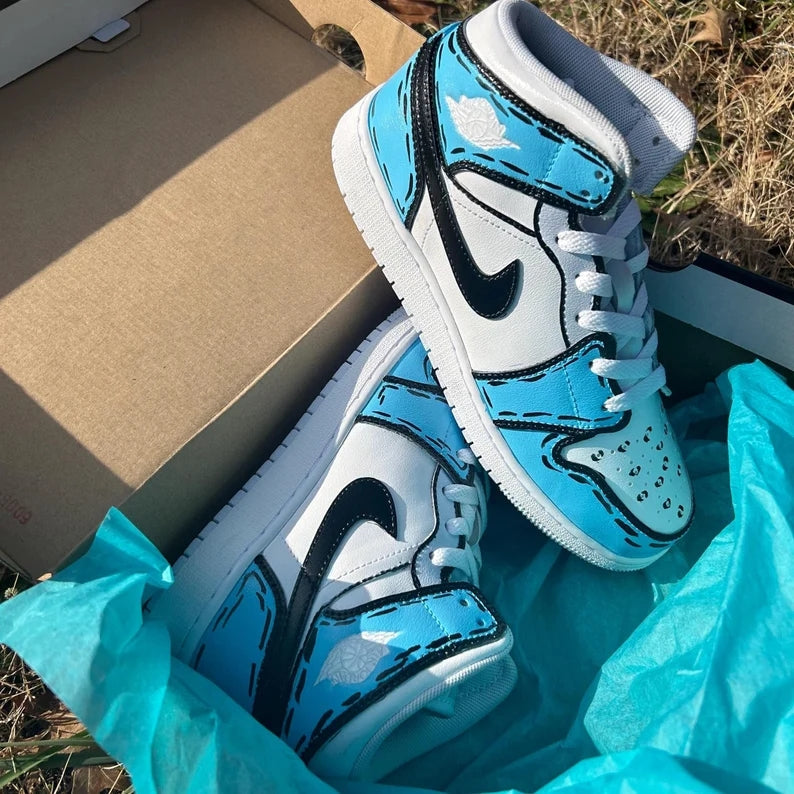 Custom Air Jordan 1 Blue Cartoon Pattern