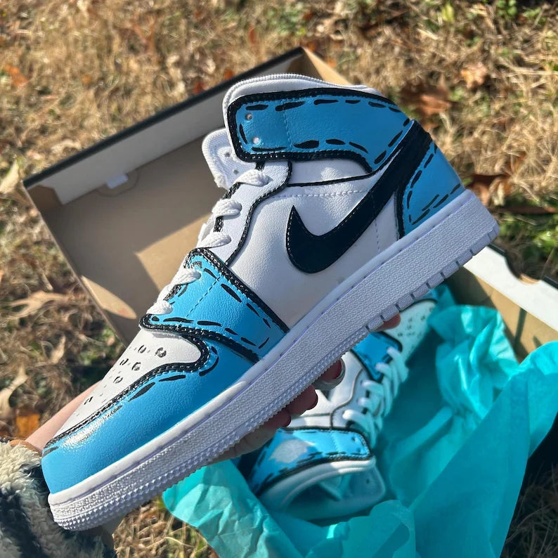 Custom Air Jordan 1 Blue Cartoon Pattern