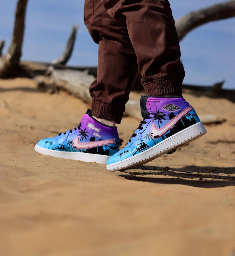 Custom Air Jordan 1 Blue Purple Coconut Tree Black Silhouette