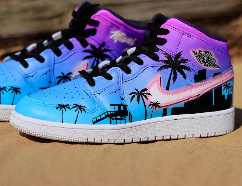 Custom Air Jordan 1 Blue Purple Coconut Tree Black Silhouette