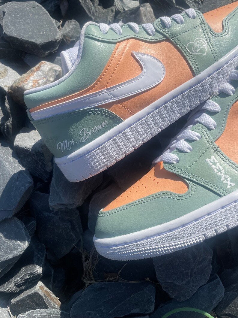 Custom Air Jordan 1 Mint Green Orange With Heart And Date Patterns