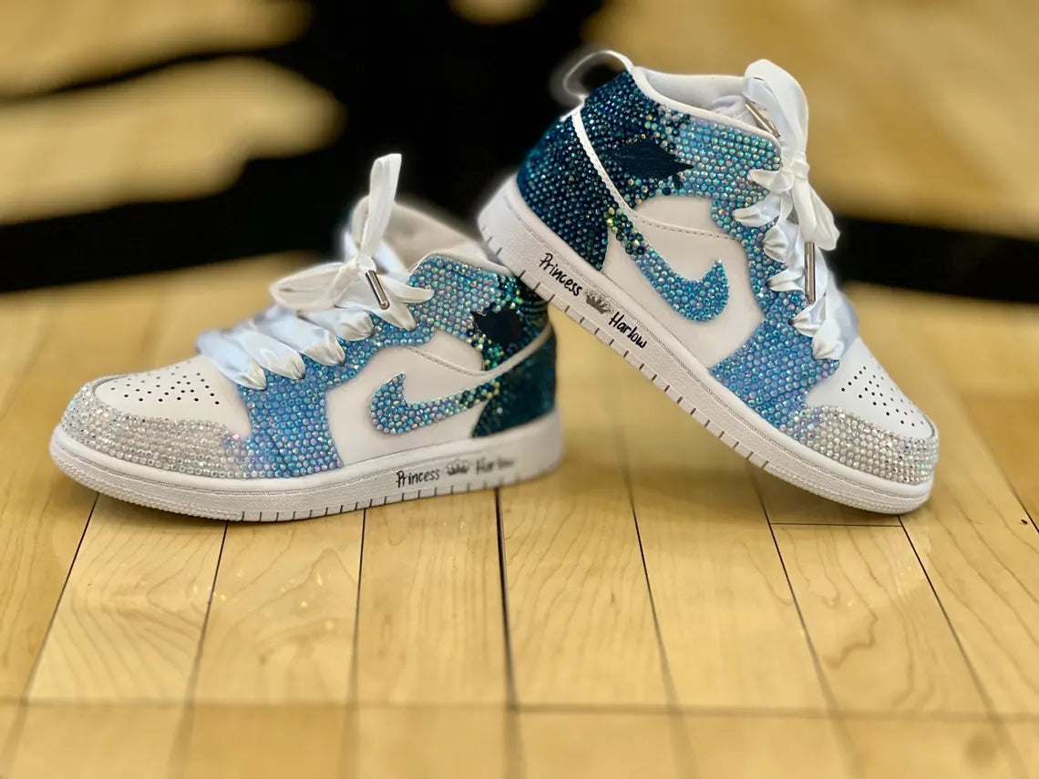 Custom Air Jordan 1 White Baby Blue Rhinestones-shecustomize