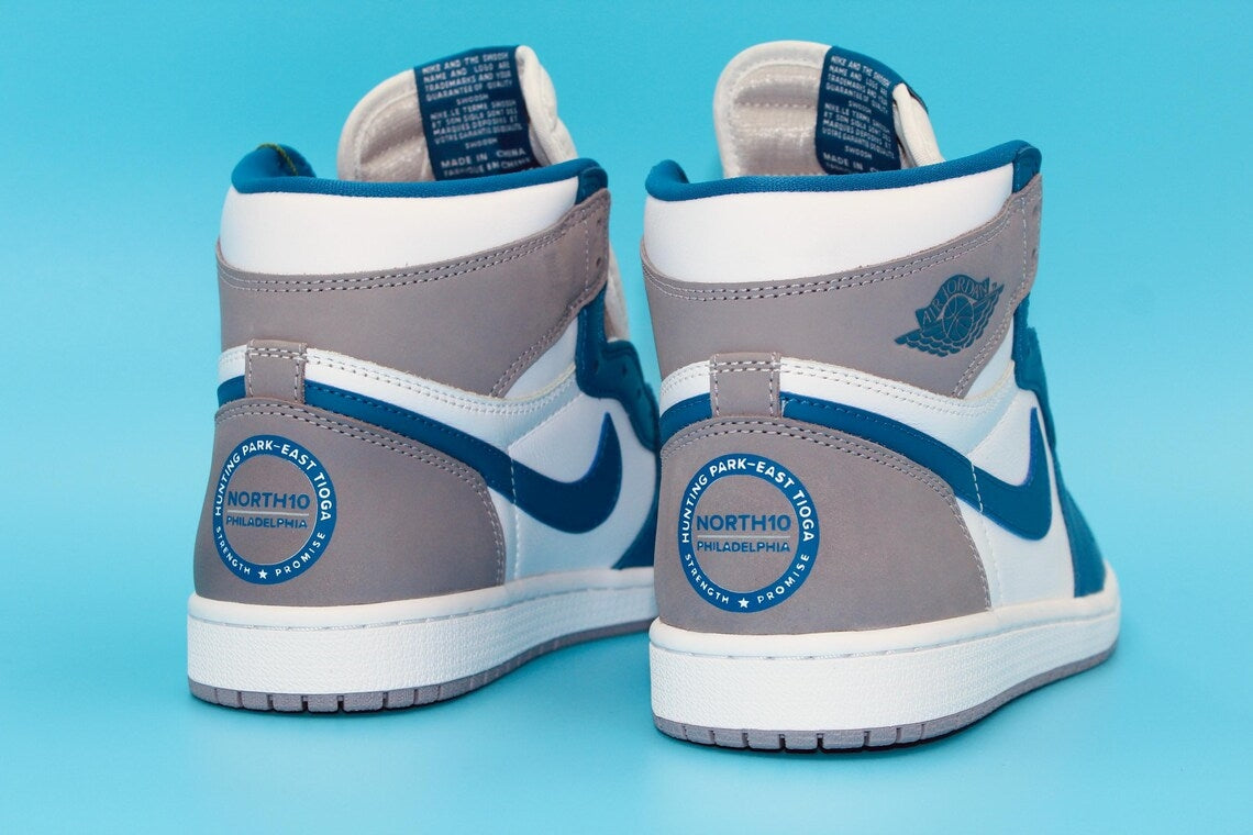 Custom Air Jordan 1 White Blue Gray Circle Logo Design-shecustomize