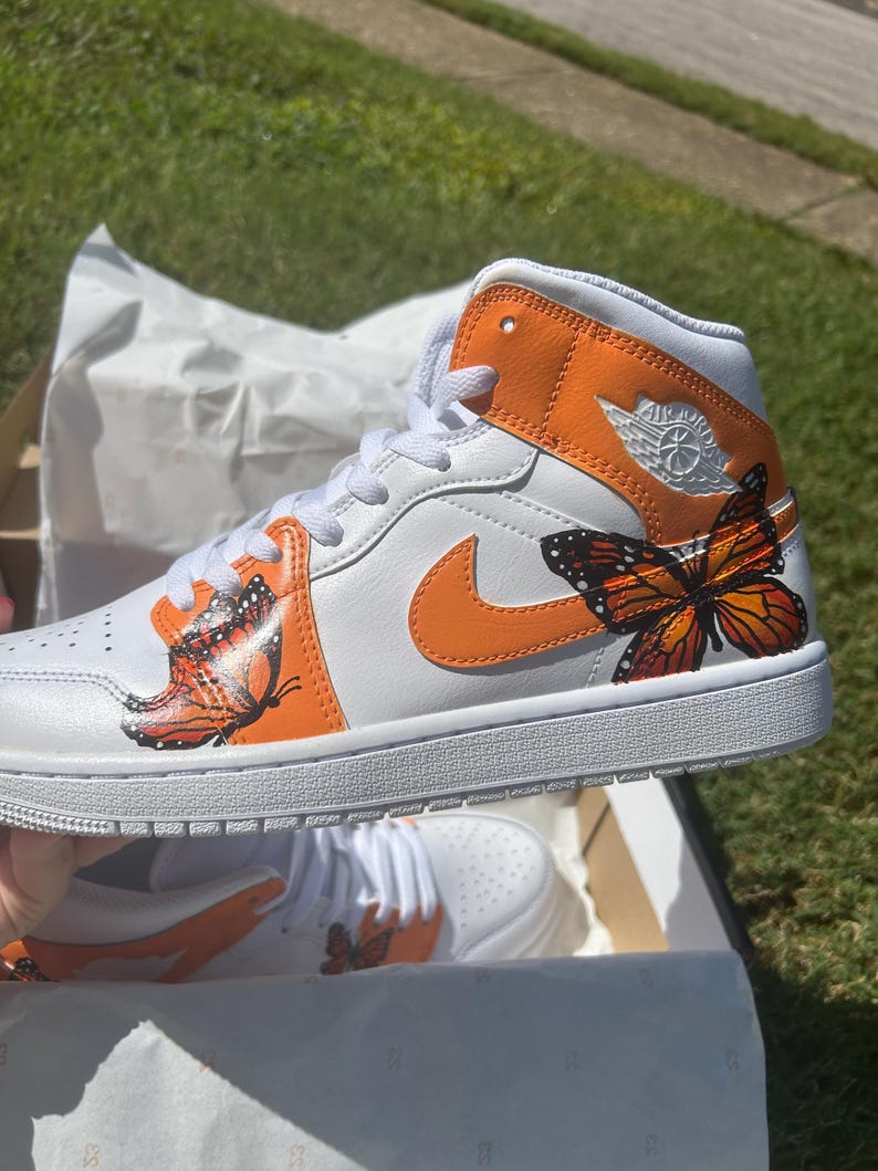 Custom Air Jordan 1 White Orange Butterfly Pattern