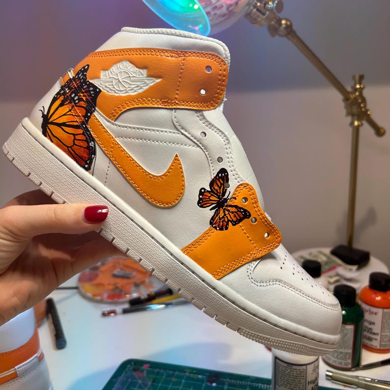 Custom Air Jordan 1 White Orange Butterfly Pattern