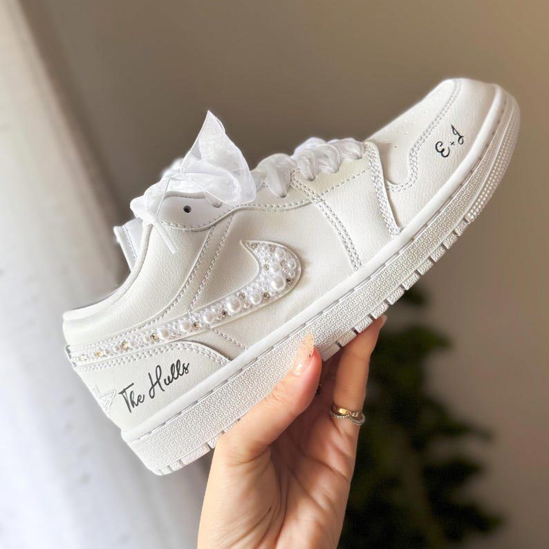 Custom Air Jordan 1 White Pearl Embellishments And Ribbons