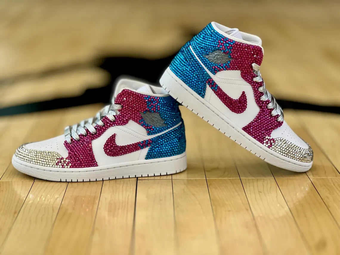 Custom Air Jordan 1 White Pink Blue Rhinestones-shecustomize