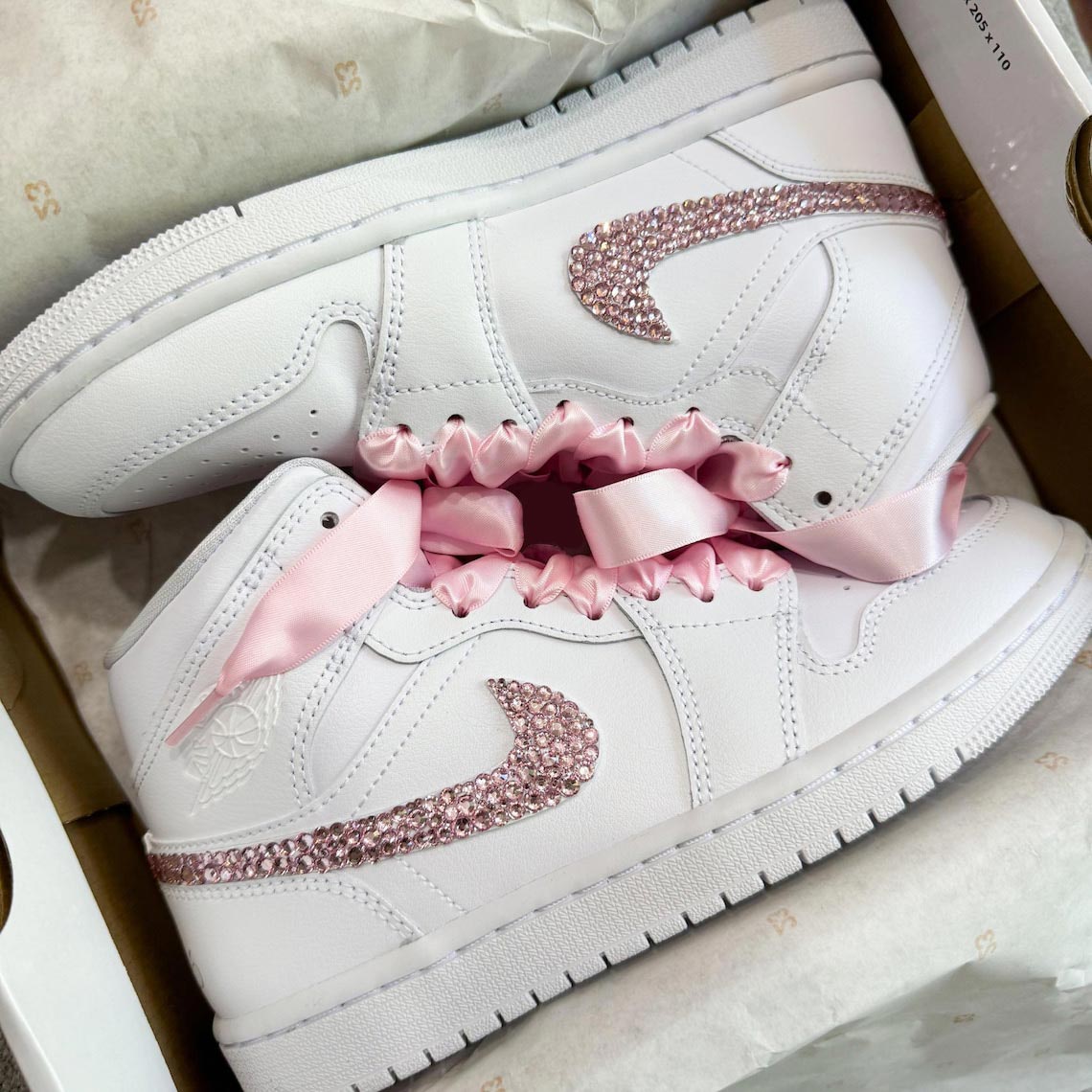 Custom Air Jordan 1 White Pink Rhinestones And Ribbons