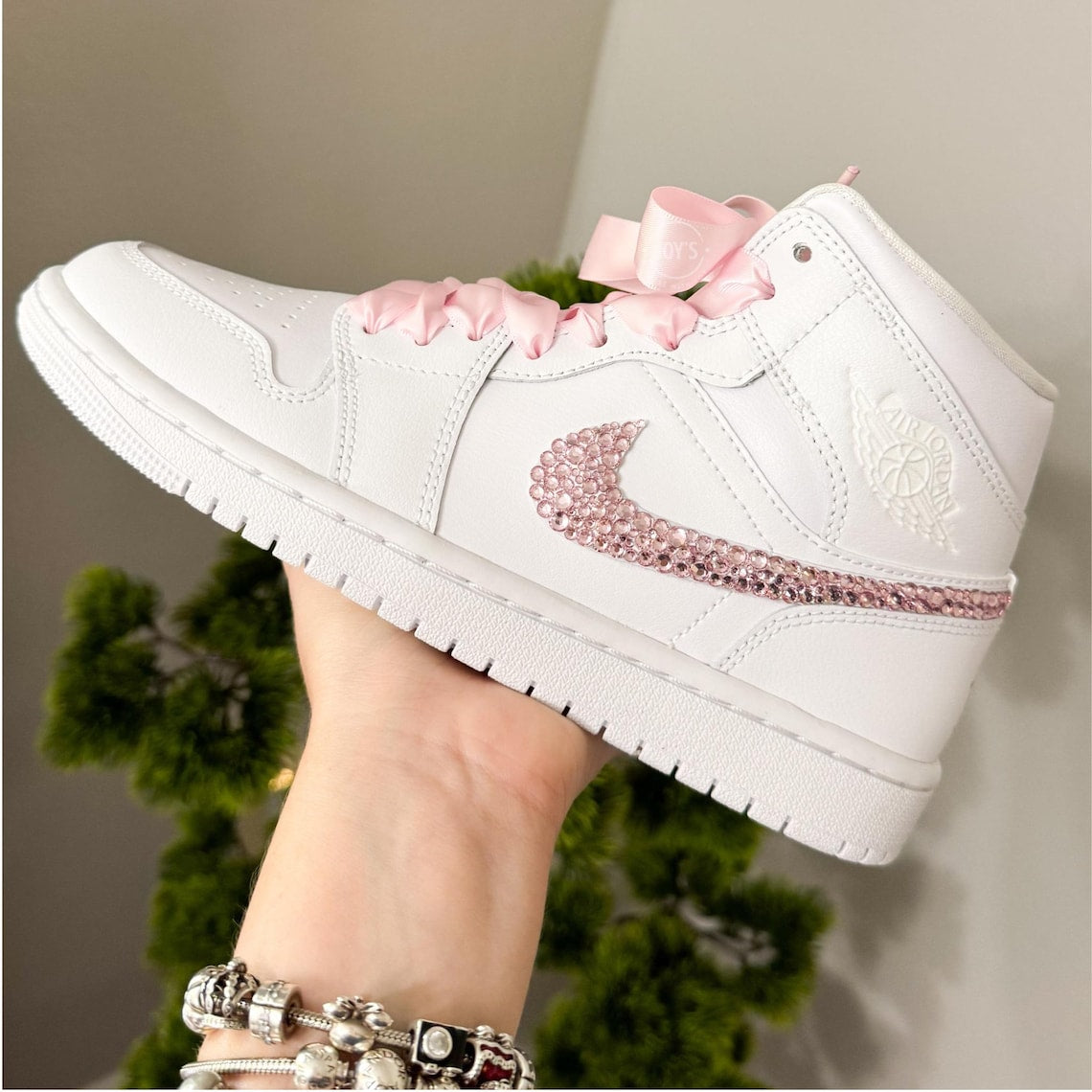 Custom Air Jordan 1 White Pink Rhinestones And Ribbons