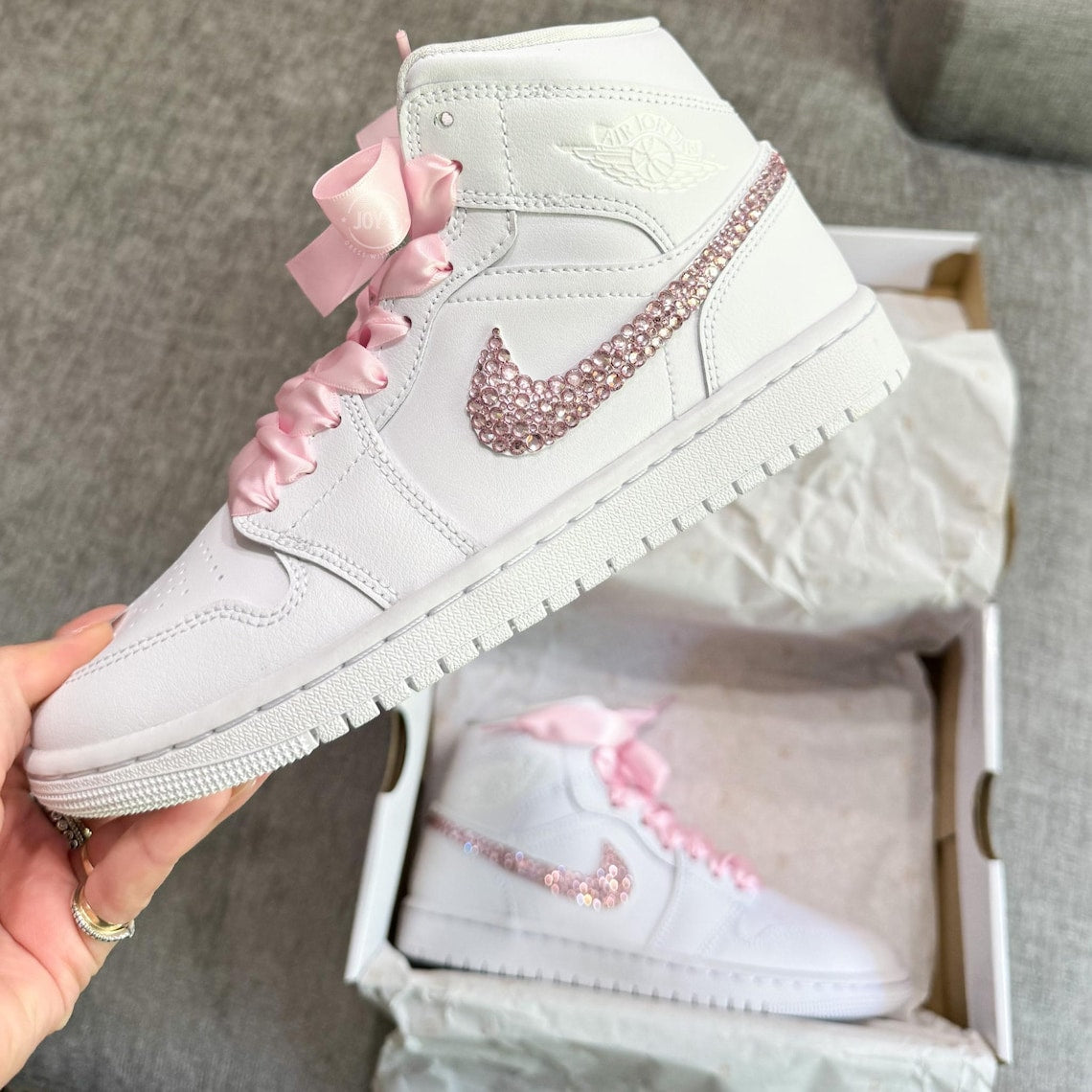 Custom Air Jordan 1 White Pink Rhinestones And Ribbons