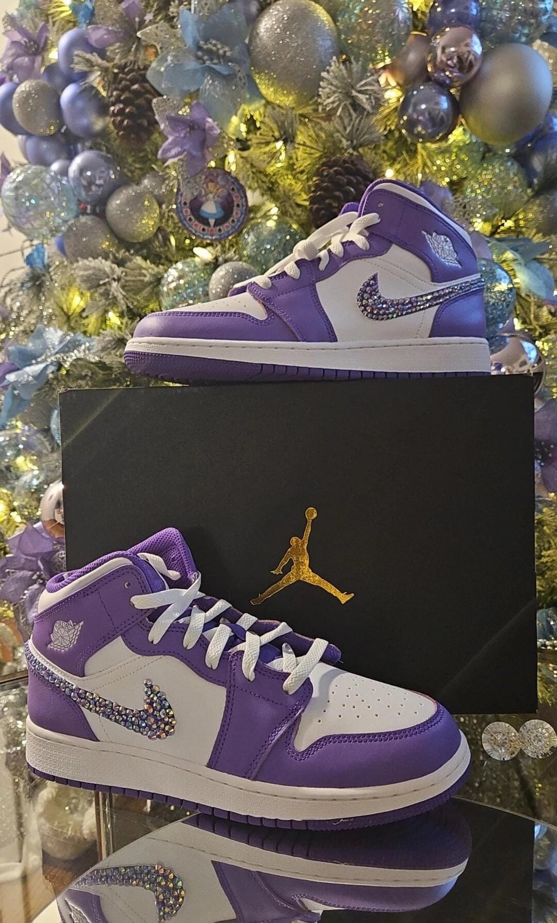 Custom Air Jordan 1 White Purple Swoosh With Rhinestones