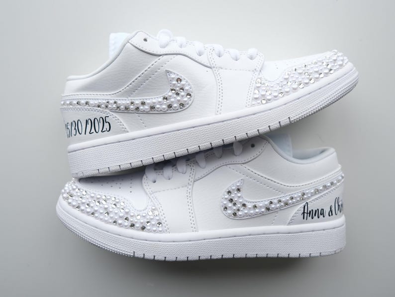 Custom Air Jordan 1 White Rhinestones And Pearls