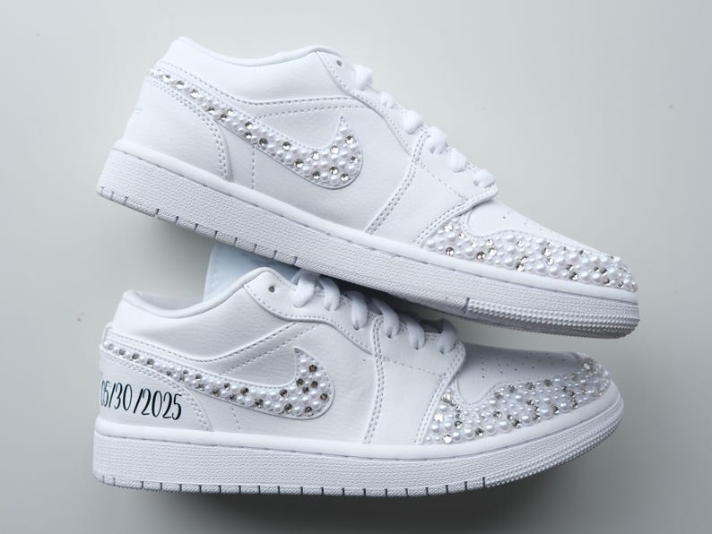 Custom Air Jordan 1 White Rhinestones And Pearls