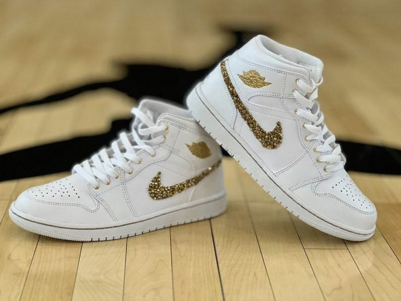 Custom Air Jordan 1 White With Gold Glitter And Ribbon