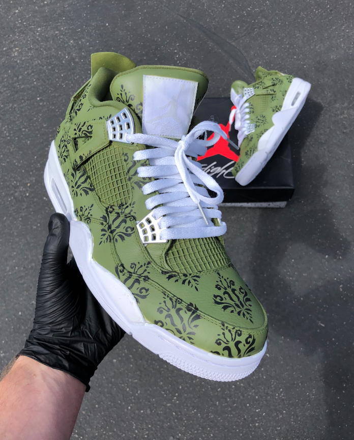 Custom Air Jordan 4 Olive Green Floral Pattern