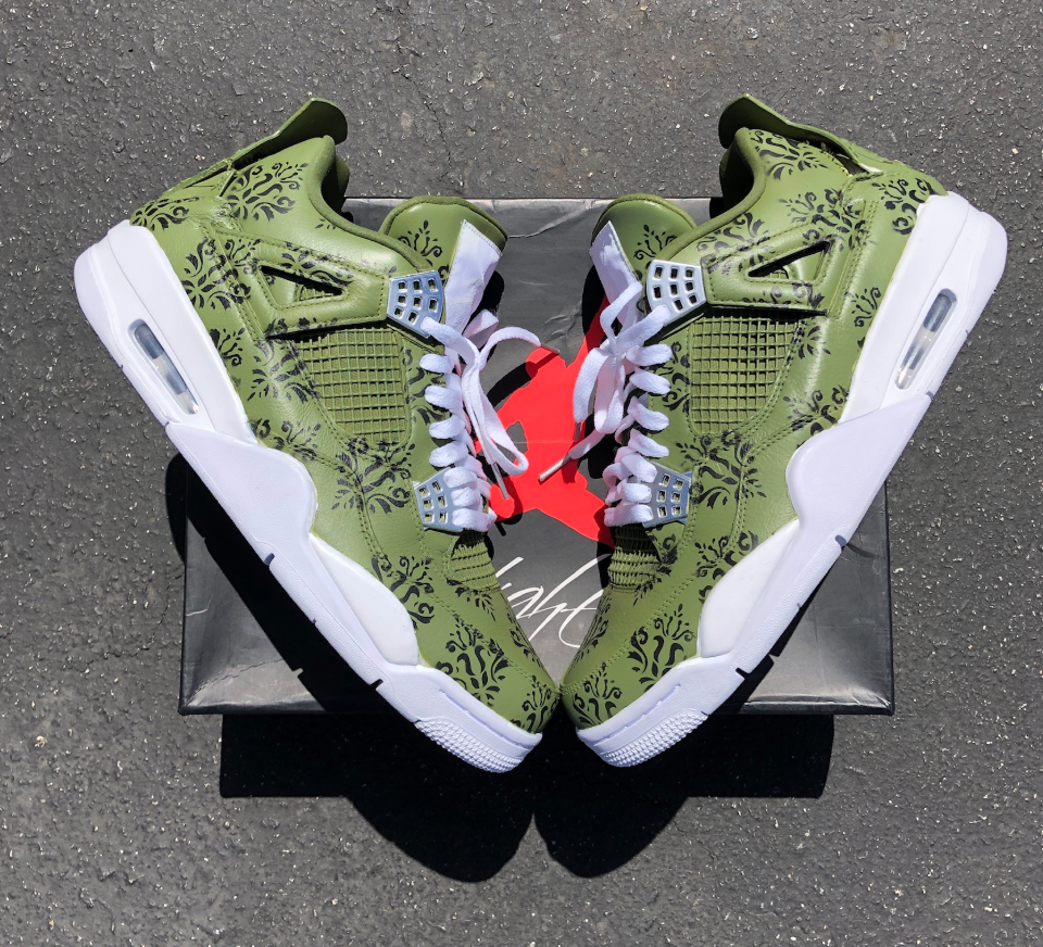 Custom Air Jordan 4 Olive Green Floral Pattern