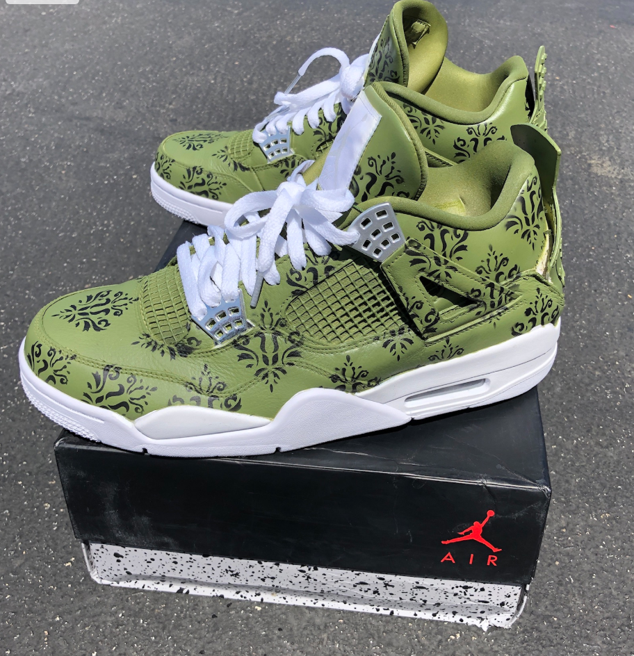 Custom Air Jordan 4 Olive Green Floral Pattern