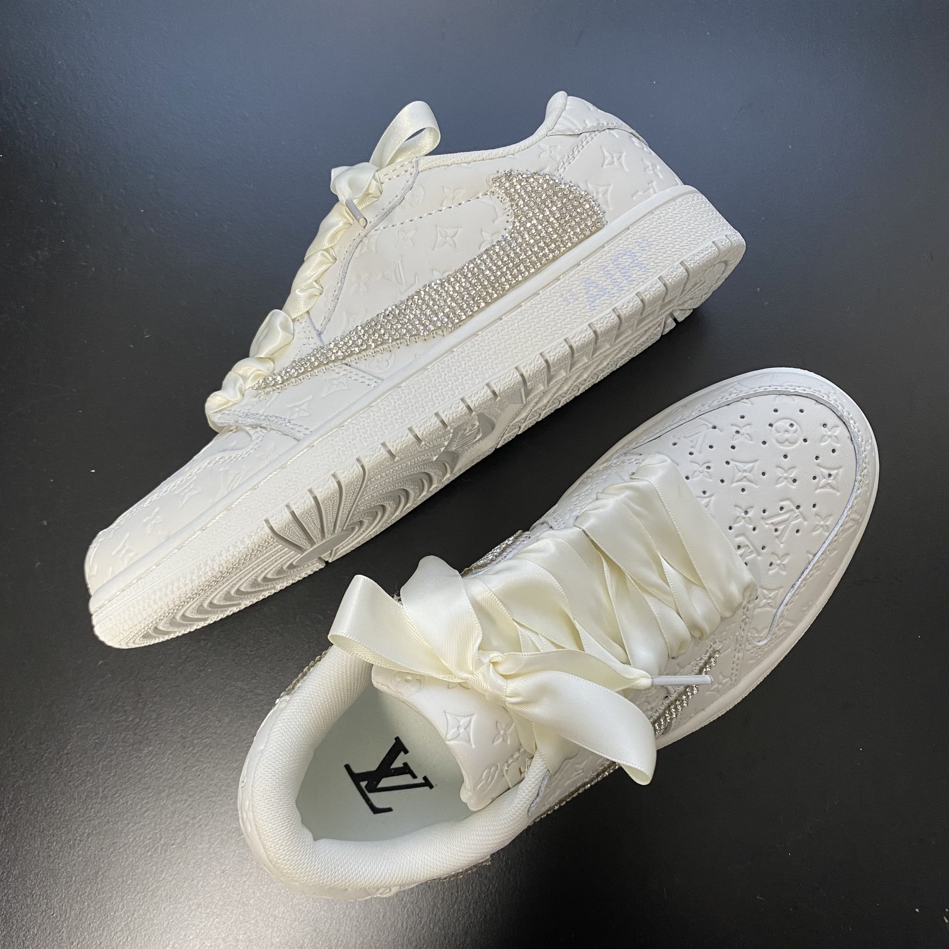 Custom Air Jordans X Travis Scott White LV With Rhinestones