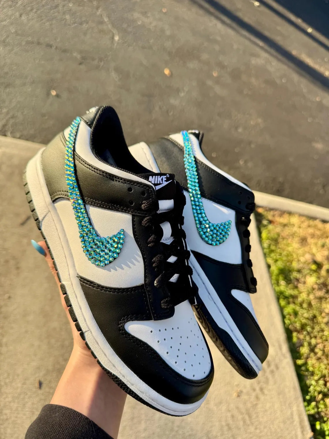 Custom Dunk Black White With Teal Rhinestones Swoosh