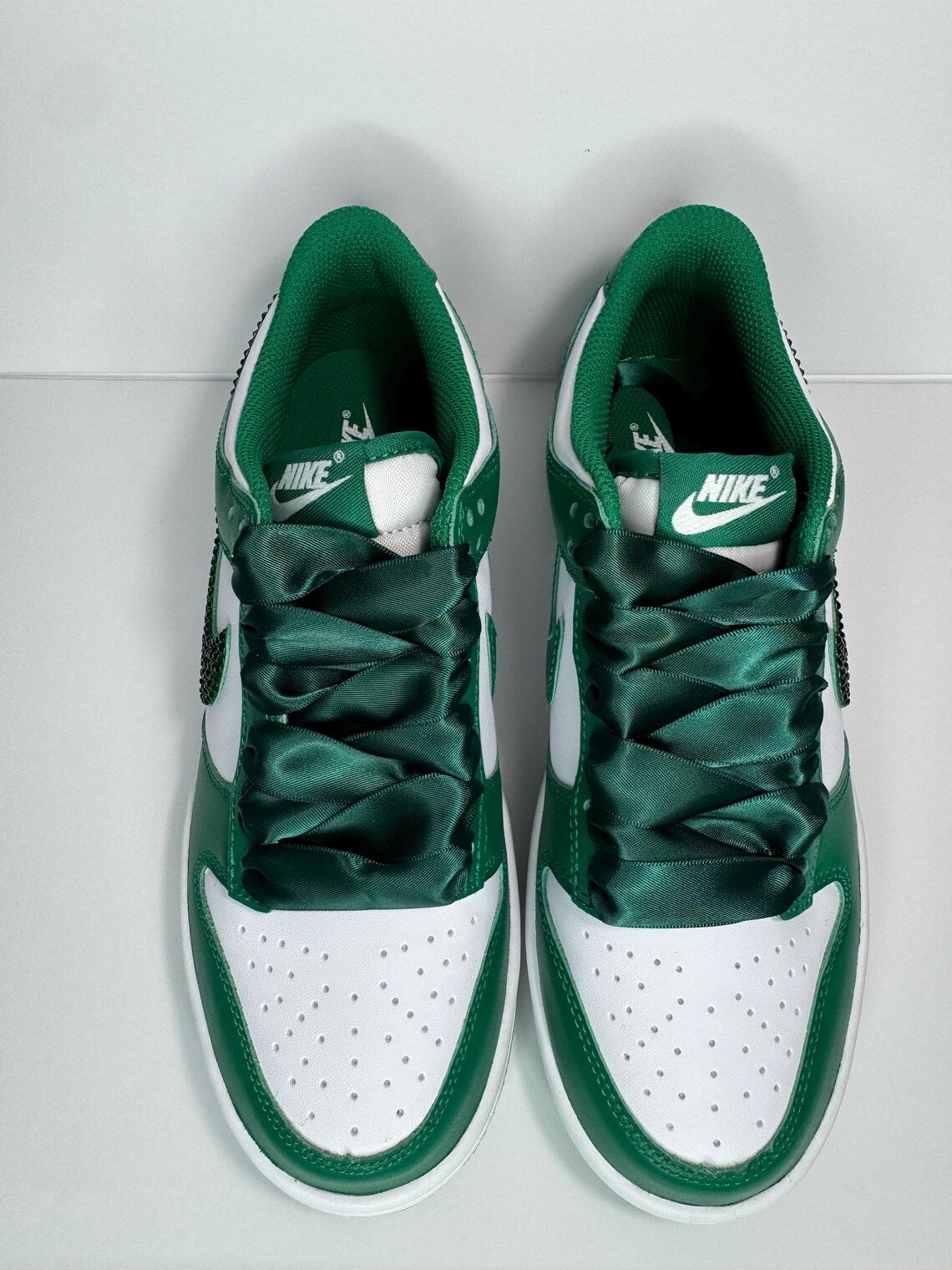 Custom Dunk Green White Rhinestones Satin Laces