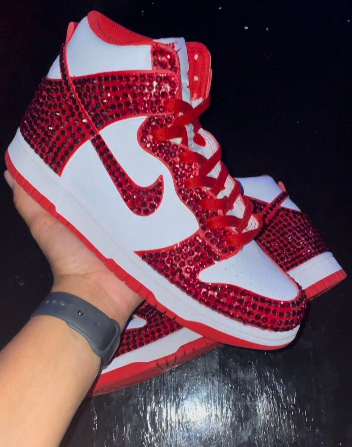 Custom Dunk Red White Rhinestones