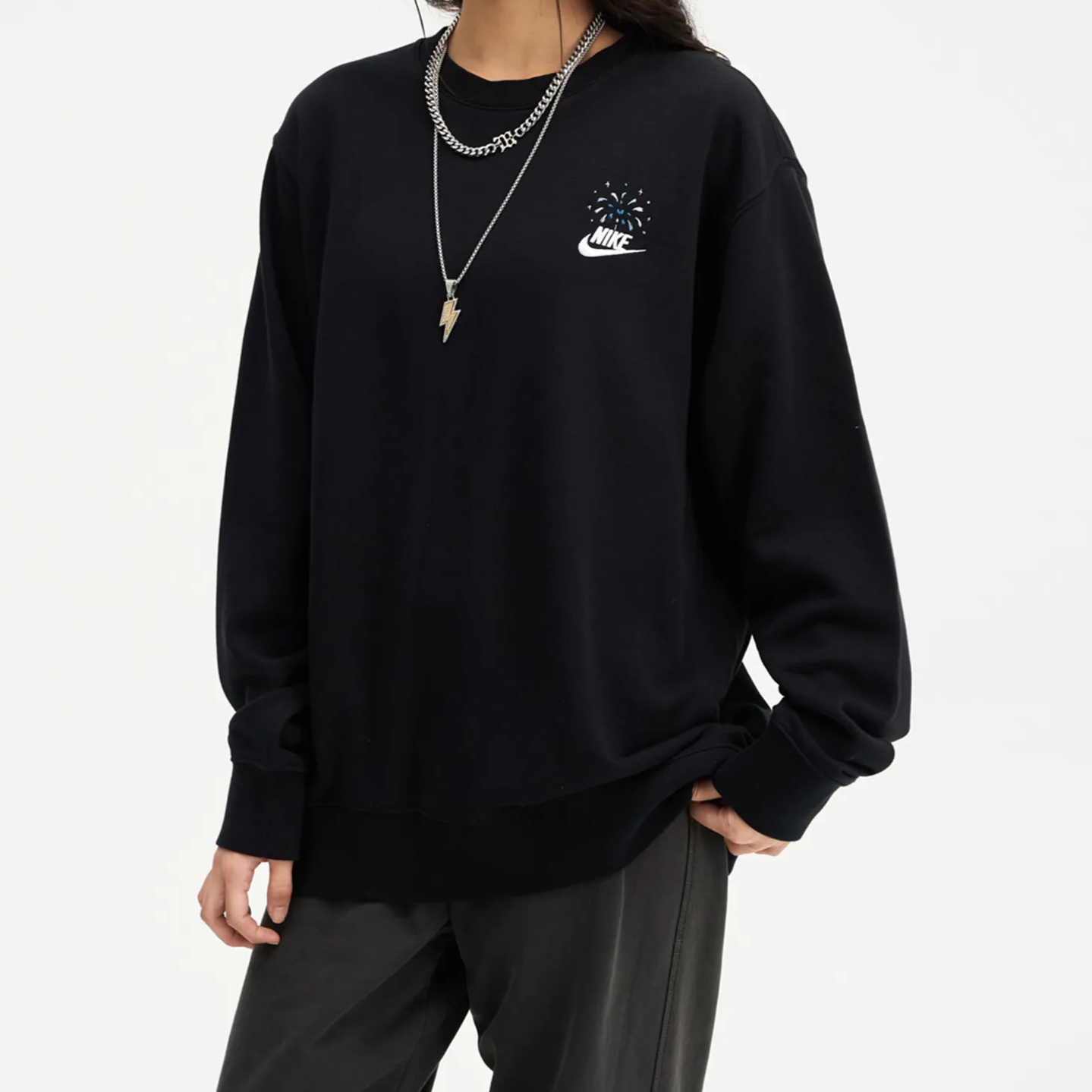 Custom Embroidery Nike Sweatshirt Black Colorful Fireworks Design