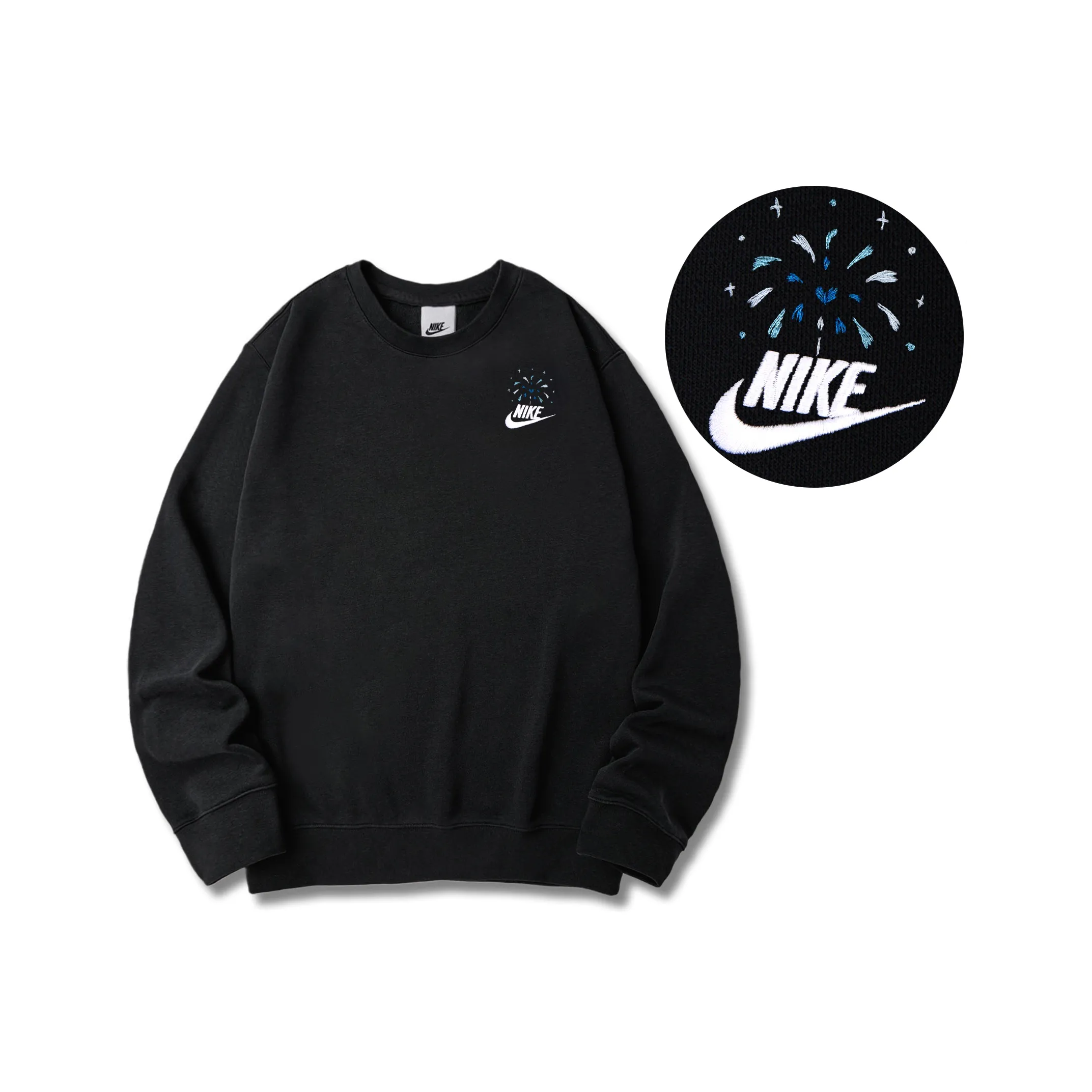 Custom Embroidery Nike Sweatshirt Black Colorful Fireworks Design