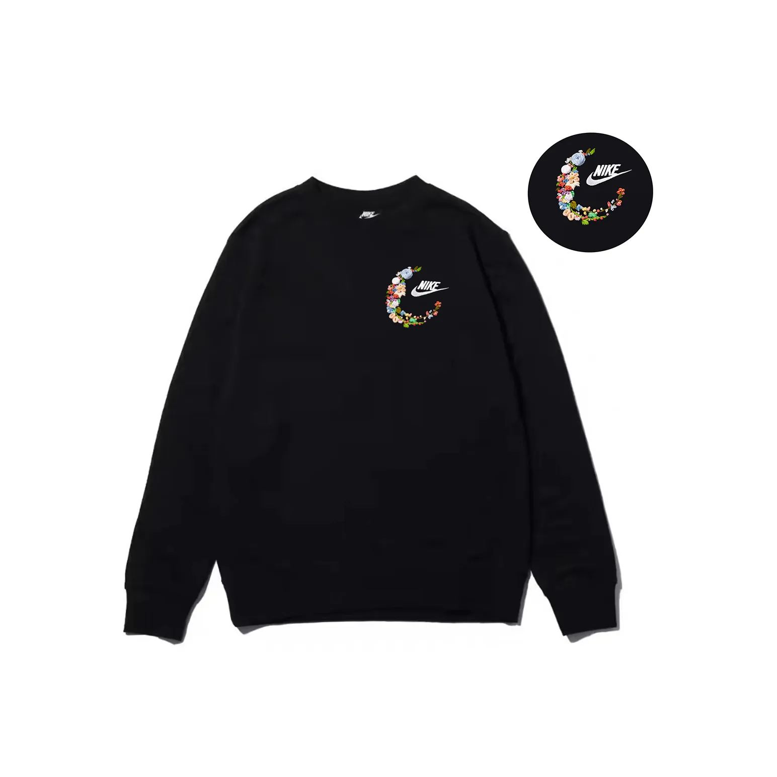 Custom Embroidery Nike Sweatshirt Black Floral Pattern