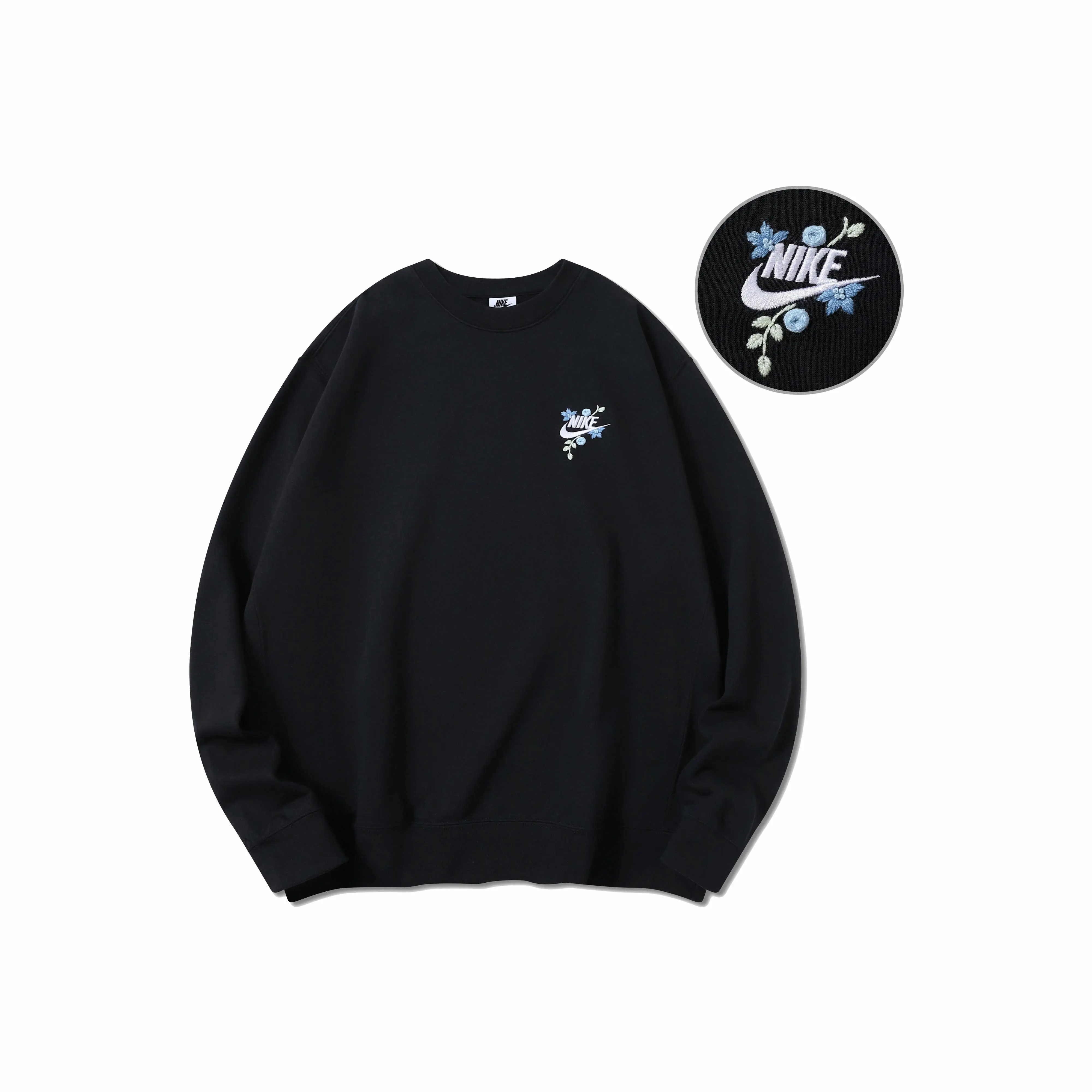 Custom Embroidery Nike Sweatshirt Black With Blue Flower Pattern